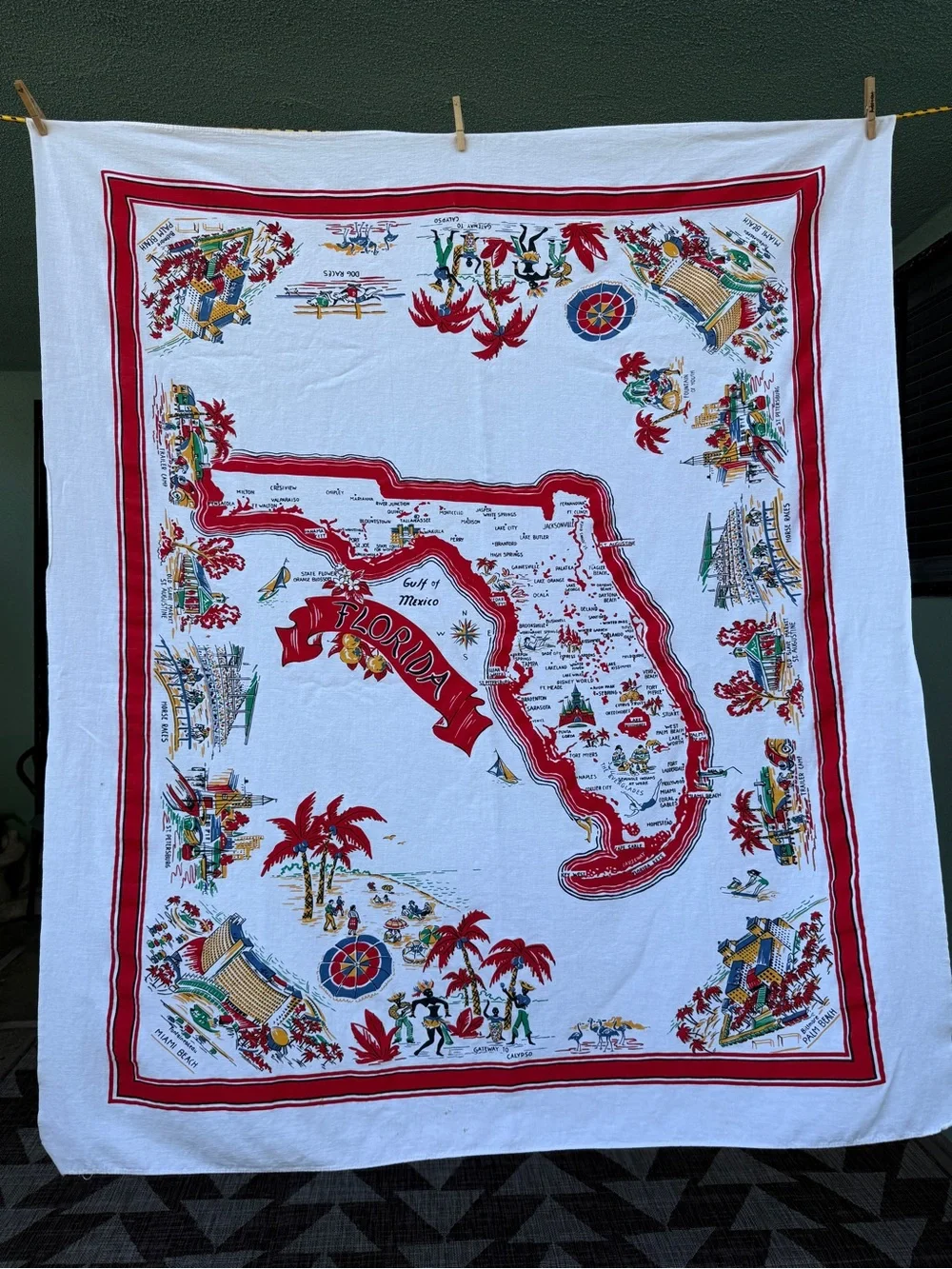 Vintage Florida Souvenir Map Tablecloth 58x50 MCM Kitsch Retro disneyworld miami